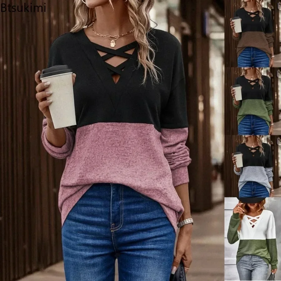 

New 2024 Women's Casual Long Sleeve Shirts Autumn Winter V-neck Cross Contrast Panel Drop Shoulder Casual T Women's Top Shirts