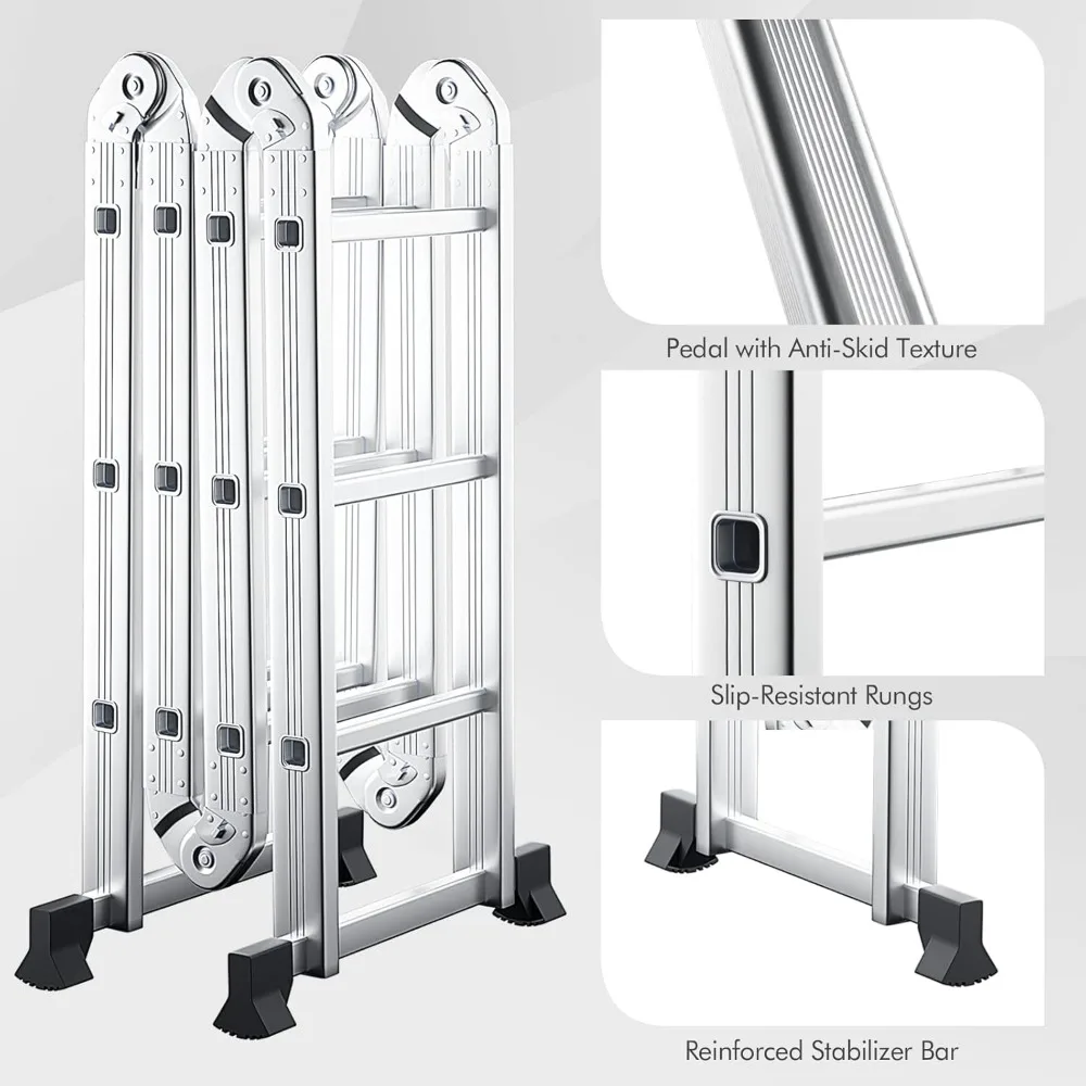 Folding Step Ladder 12.2 Feet, Multi-Position Aluminum Extension Ladder with Stabilizer and Non-Slip Feet for Versatile Use