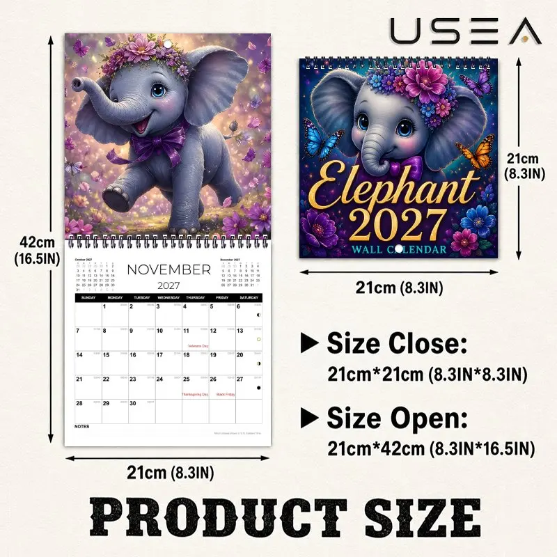 2027 Wall Calendar,12-Month Monthly Planner,Elephant Floral Celestial Design,Writable Blocks,Gift for Mom Women Coworker Teacher