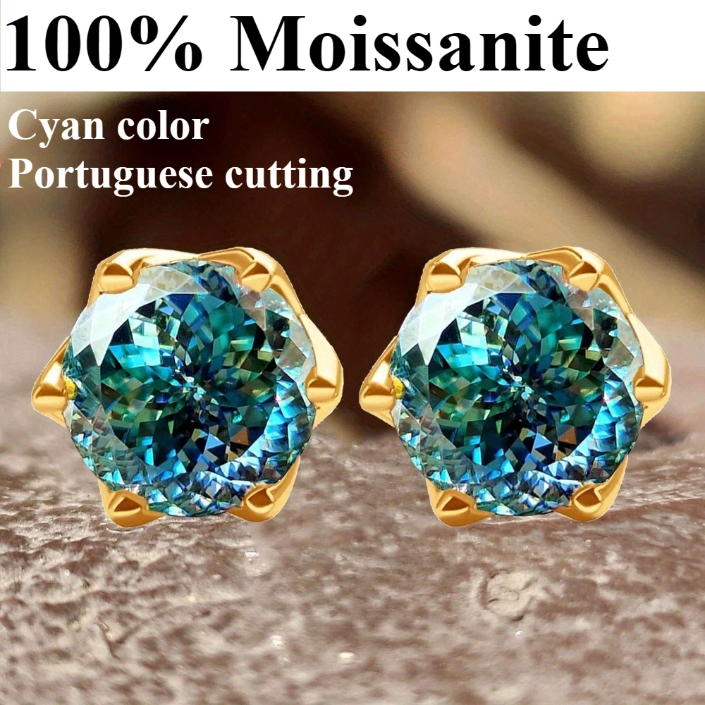 

100% муассанит, стерлинговое серебро 925 пробы, голубой цвет, 6,5 мм, круглая португальская огранка, зеленый бриллиант, драгоценный камень, серьги-гвоздики, ювелирные изделия