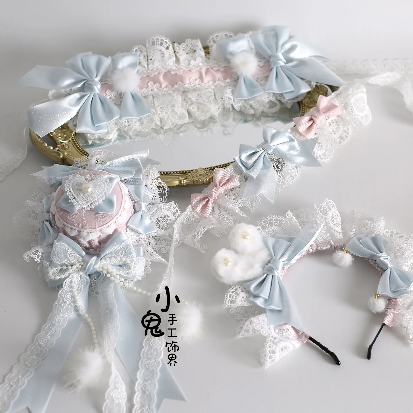 ที่คาดผมลูกไม้ประดับโบว์ไข่มุกสไตล์ญี่ปุ่นแบบดั้งเดิม พร้อมดอกไม้ KC สำหรับงานแต่งงาน ผ้าคลุมศีรษะแบบ BNT ปลอกแขน ผ้าคลุมศีรษะสไตล์โลลิต้าสำหรับผู้หญิง