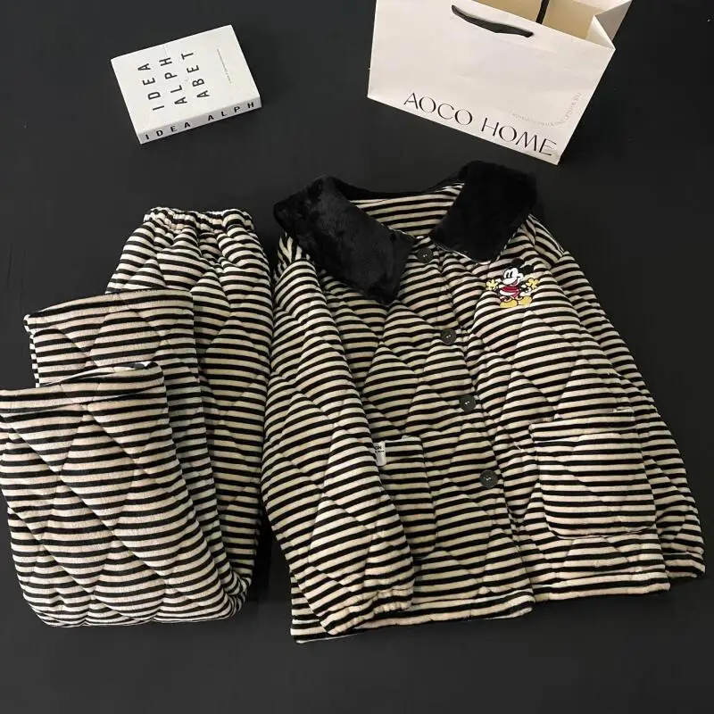 

Пижамный комплект с вышивкой Микки Мауса, черно-коричневый в полоску, стеганый, с флисовым воротником, утолщенный, из фланели, теплый, повседневный, для дома, зимний