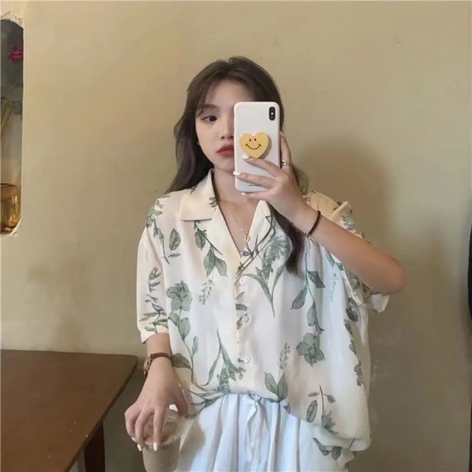 3 Sizes All Match Fashion Causal Floral Vintage Basic Notched Short Sleeve Women  College Wind Woman Top Shirts