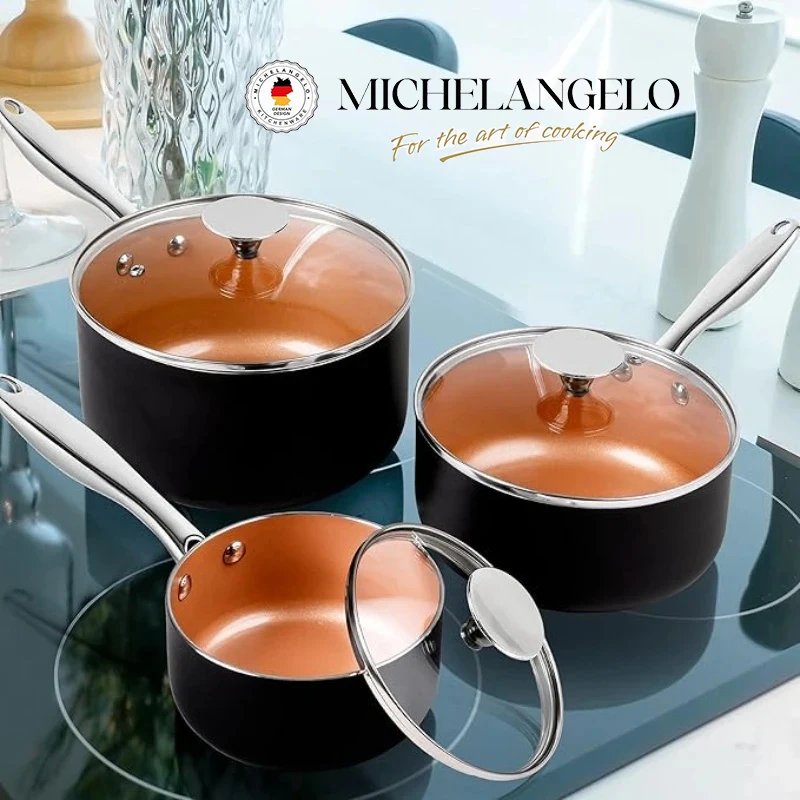Michaelangelo conjunto de panela de cerâmica 3 peças 1.5qt/2qt/3qt panelas de molho antiaderentes pote de leite com tampas potes de molho multiuso potes de sopa
