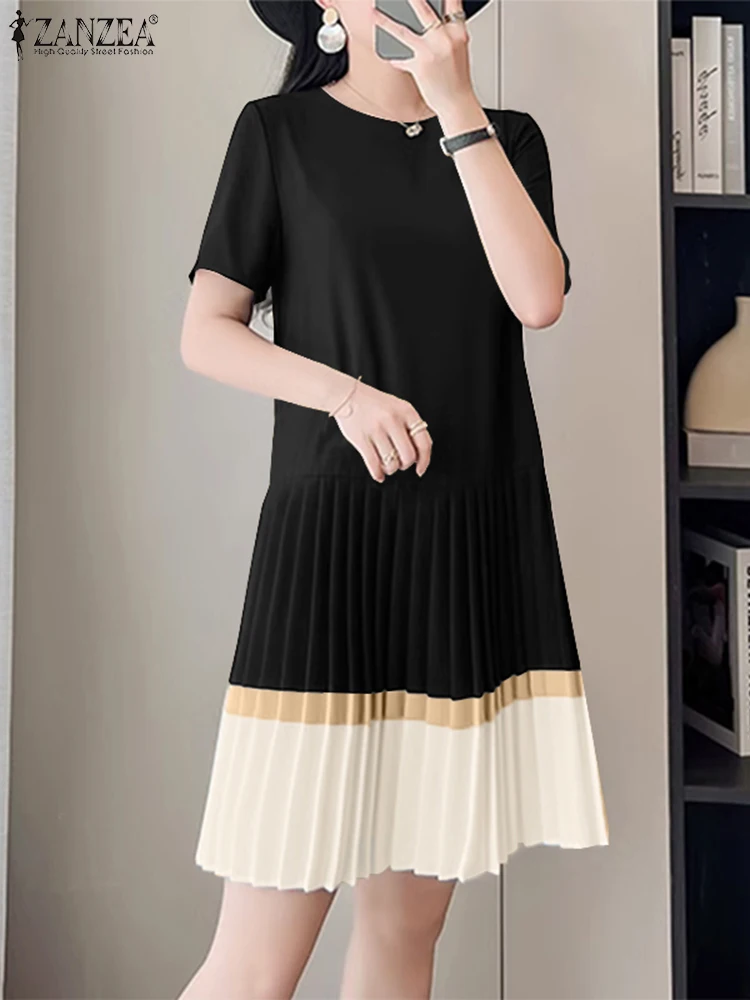 ZANZEA Stilvolle Frauen Kleider 2025, Sommer Kurzarm Plissee Knielangen Kleid Casual Arbeit Patchwork Sommerkleid Urlaub Vestidos