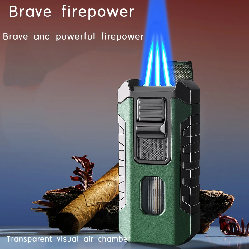 Powerful Three Fire Visible Gas Chamber Portable Inflatable Lighter Direct Charge Blue Flame Cigar Lighter Large Capacity