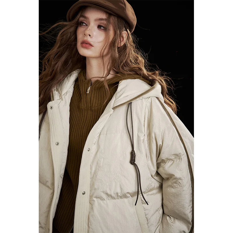 ELFSACK 2024 وصل حديثًا سترة شتوية من جلد البولي يوريثان بغطاء للرأس للنساء، نمط قصير، أكمام راجلان، معطف دافئ