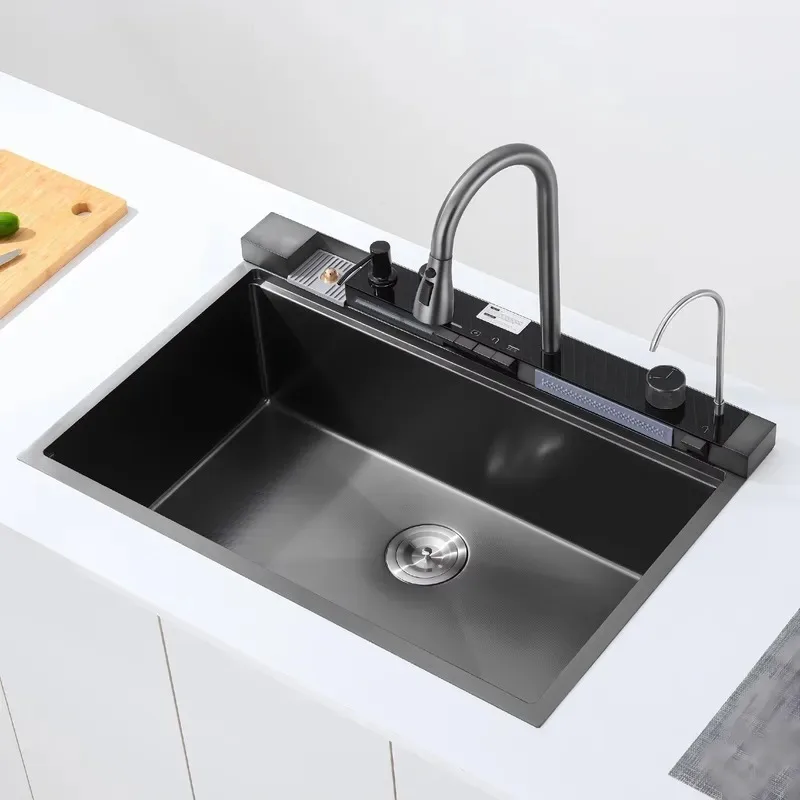 STLF Stainless steel kitchen sink 33x22 black workstation countertop mounted smart faucet 304 nested basin