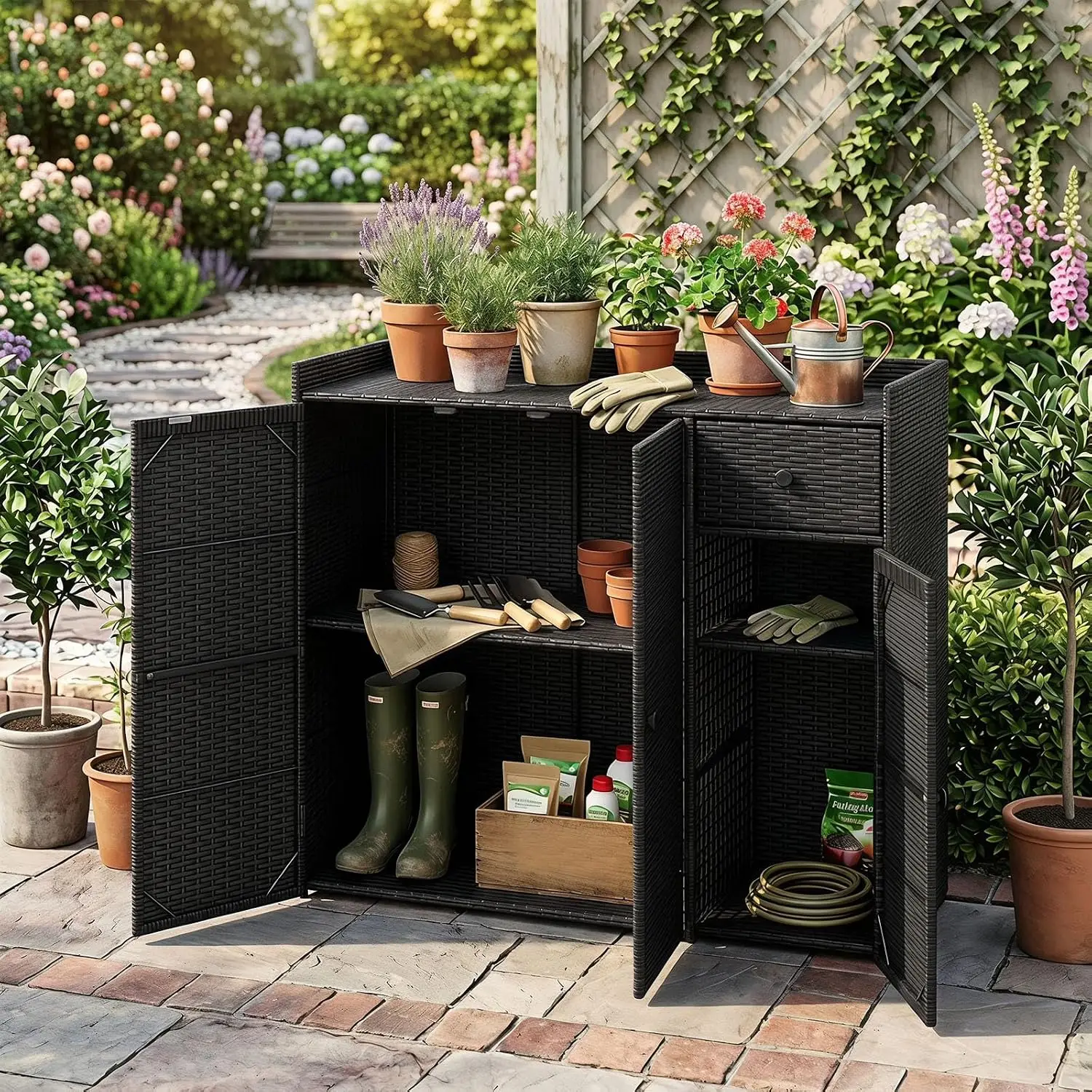 PE Rattan Outdoor Storage Cabinet with 2 Adjustable Shelves, Wicker Freestanding Patio Organizer Cabinet for Backyard Garden Balcony Home Use