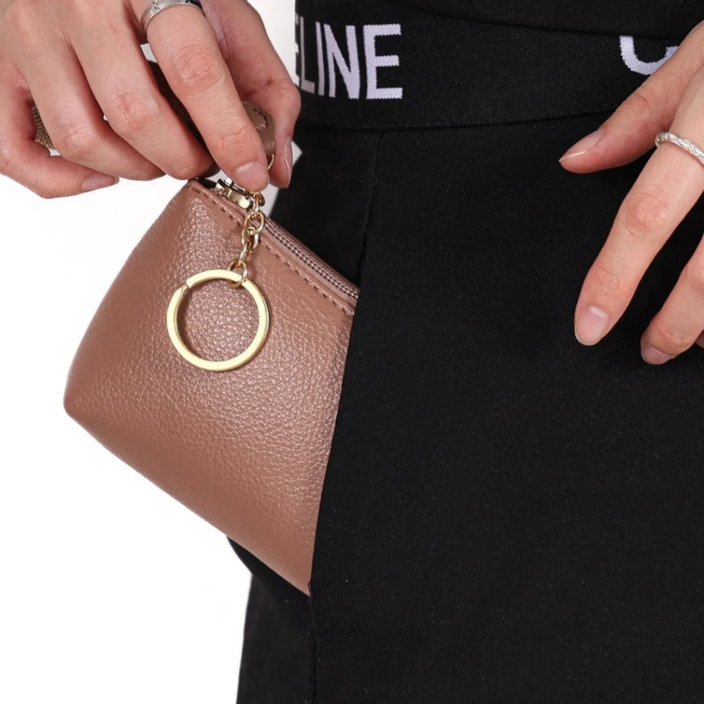Multifunctional Wallet Coin Purse Key Coin Storage Bag Solid Color Clutch Bags with Circular Pendant PU Leather Zipper Bag