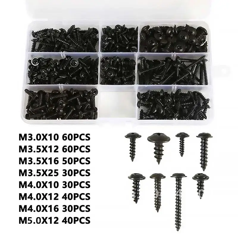 Cross 340pcs/Box Head Self Tapping Screws Set Pan Head M3/M3.5/M4/M5 Steel Tapping Furniture Black Assortment Screw Kit Carbon