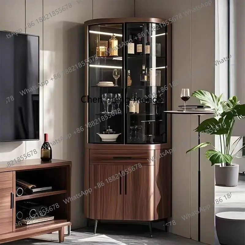 خزانة زاوية من الخشب الصلب الإيطالي، خزانة مشروبات زجاجية بسيطة وحديثة، خزانة زاوية فاخرة لتخزين غرفة المعيشة