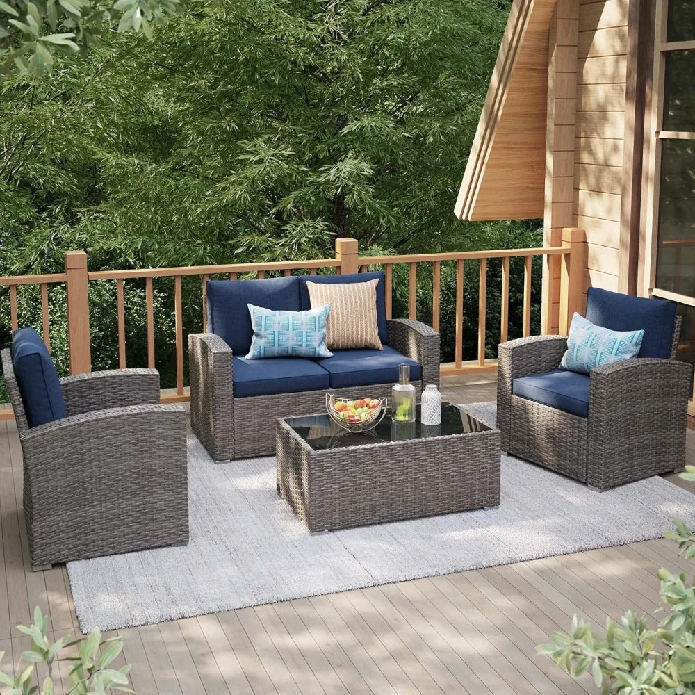 

Patio Furniture Set, 4 Piece Outdoor Patio Conversation Set, Wicker Sectional Patio Sofa Set with Tempered Glass Coffee Table