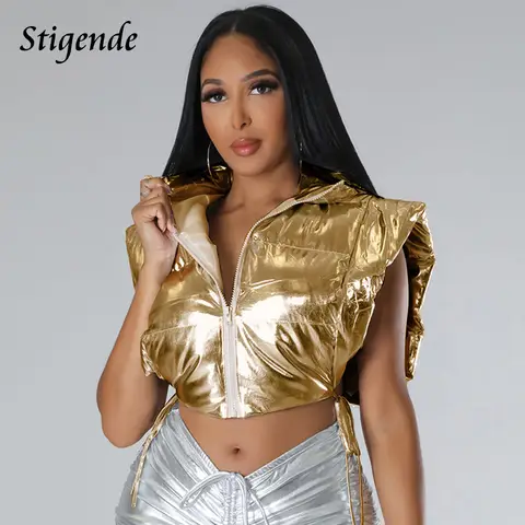 Stigende Golden Puffer Vest Parkas Women Zipper Shiny Hooded Waistcoat Bandage Side Split Sleeveless Crop Tank Tops Coat Jacket