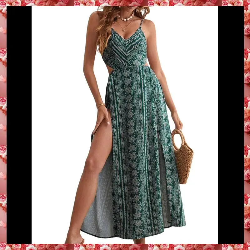 Robe d'été pour femmes, cravate au dos, col en V, florale, Maxi, tropicale, longue plage, vacances, fente latérale