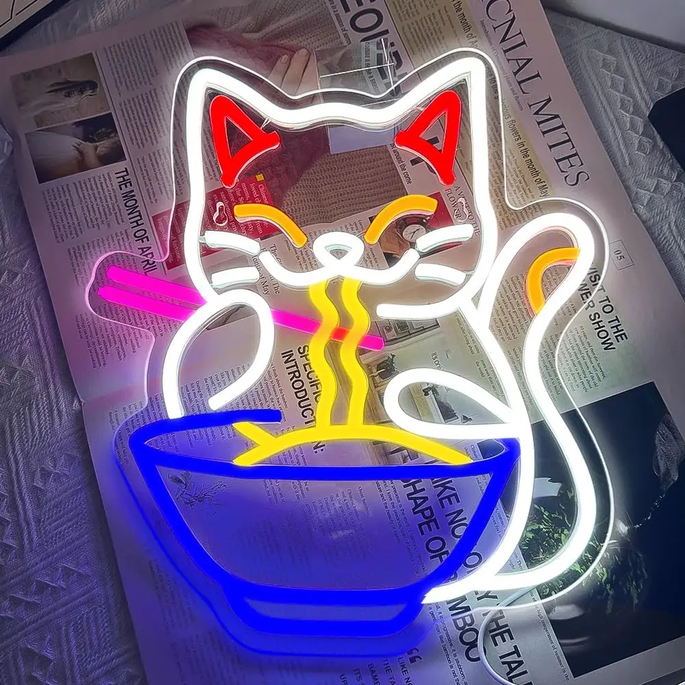 ラーメン猫ネオンサイン壁飾り、usb電源招き猫麺を食べるledライト、寝室、レストラン、パーティーギフト用