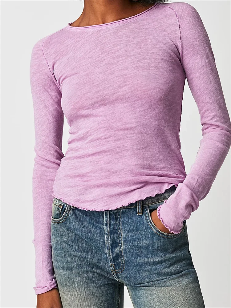 CHRONSTYLE Women Solid Color Pullovers Tops Basic Tees Long Sleeve Round Neck Patchwork Slim Fit Casual T-Shirts Streetwear 2023