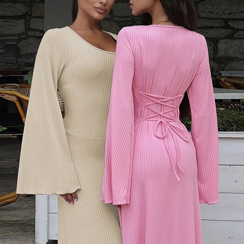 

Винтажное однотонное женское бандажное длинное платье на шнуровке с летящими рукавами, свободное сексуальное женское платье, повседневные уличные платья Платье