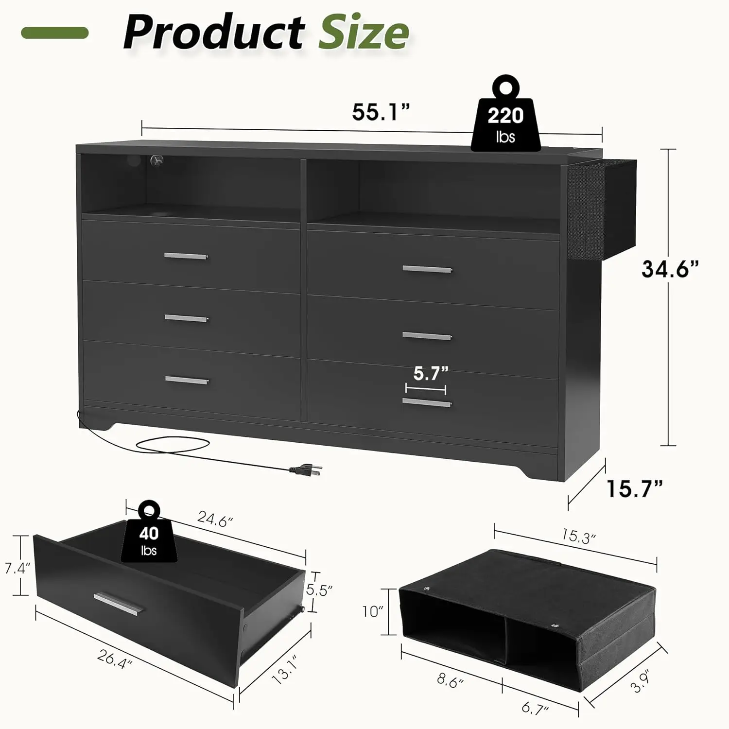 Kommode für Schlafzimmer, schwarze Kommode mit 6 Schubladen, Ladestation und LED-Licht, 55 "breite Kommode TV-Ständer, Kommode