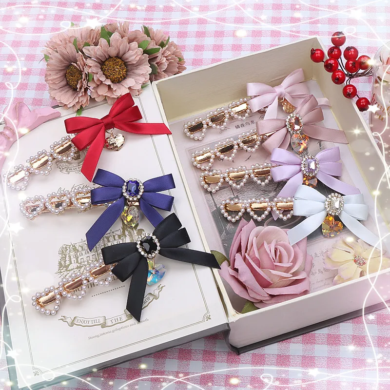 

Original Handmade Japanese Sweet Cute Girl Pearl Love Bow Pendant Hairpin hair clip hair accessories