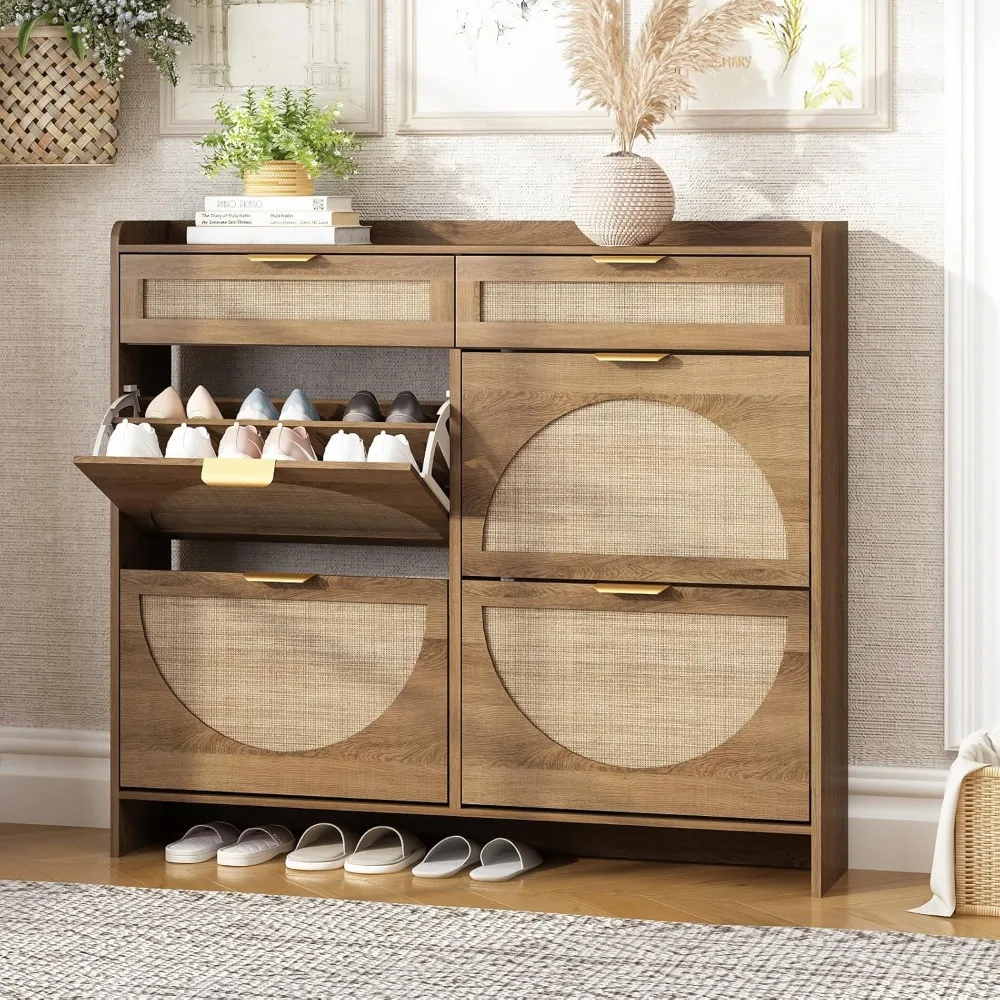 

Rattan shoe storage cabinet with 4 flip drawers and 2 drawers, front door entrance independent storage rack