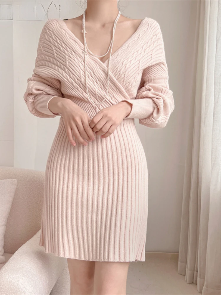 

V Neck Japanese Style Women Dresses Knitted Solid Autumn Winter Fashion Sexy Mini Dress Elegant Vintage