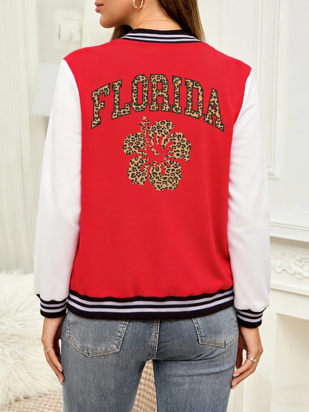 

Florida Flower Leopard Printing Coats Womens Winter Fleece Warm Baseball Jersey Casual Pocket Jackets Street Loose Woman Clothes
