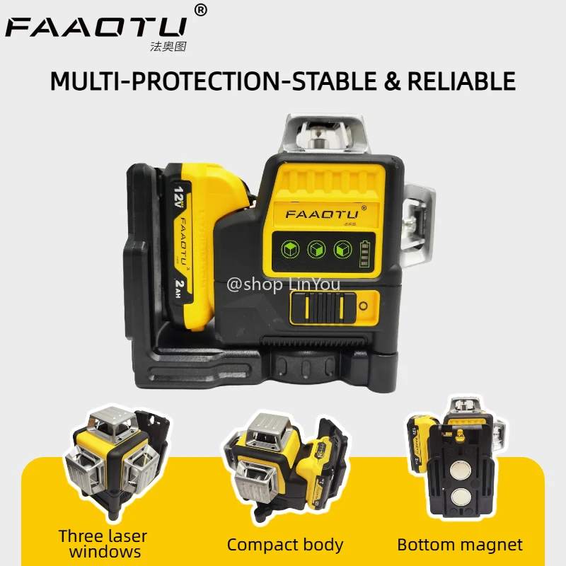 

FAAOTU 089LG 3 Sides*360 Degree Vertical 12V Lithium Battery 12 Lines Laser Level Horizontal Green Light Level Meter Outdoor