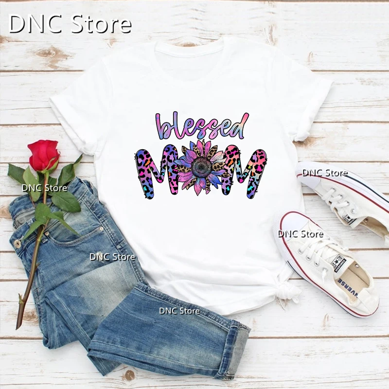 Mom Mama Sunflower Lightning Girl, Leopard Graphic Print t-shirt femme Fashion Harajuku Women t-shirt Mother's Day Birthday Gift