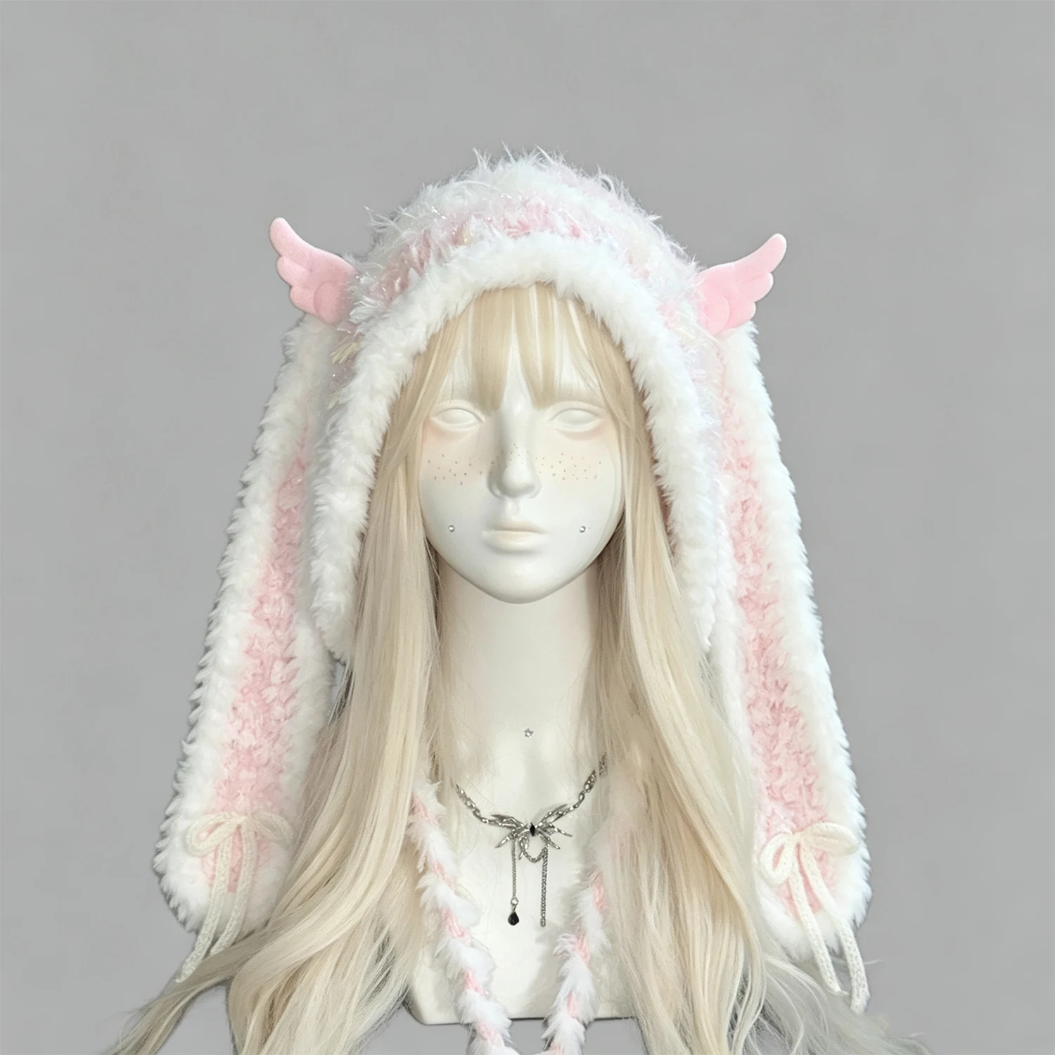 Custom Hand‑Crocheted Pink Bunny Ears Hat Women Plush Wings Bow Charm Knitted Beanie Girl Fairycore Lolita Winter Warm Skullies