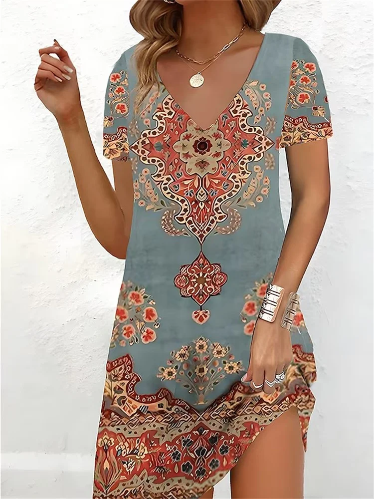 2023 Fashion Plus Size Dress Women Casual Loose V-Neck Ladies Summer Print Party Women's New Summer Pullovers Short Sleeve Dress