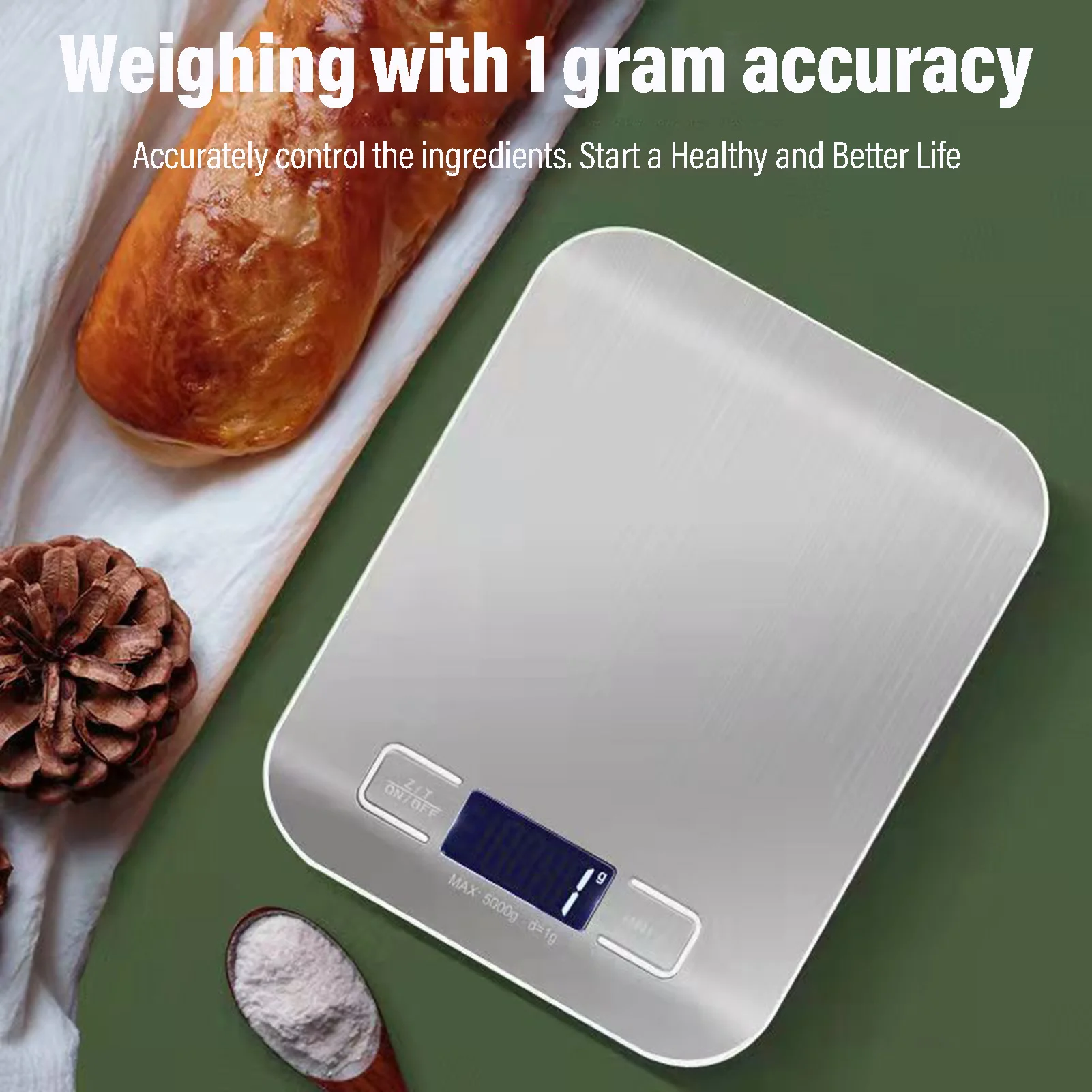 Portable Digital Kitchen Scale Stainless Steel Digital Gram Scale with Blue Back-Lit Display for Baking Cooking and Meal Prep