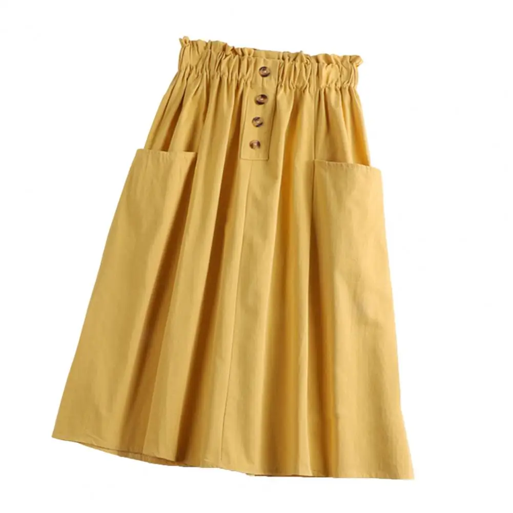 

Women Skirt Elastic High Waist A-Line Skirt with Large Hem Buttons Decor Pockets Midi Skirt 롱스커트