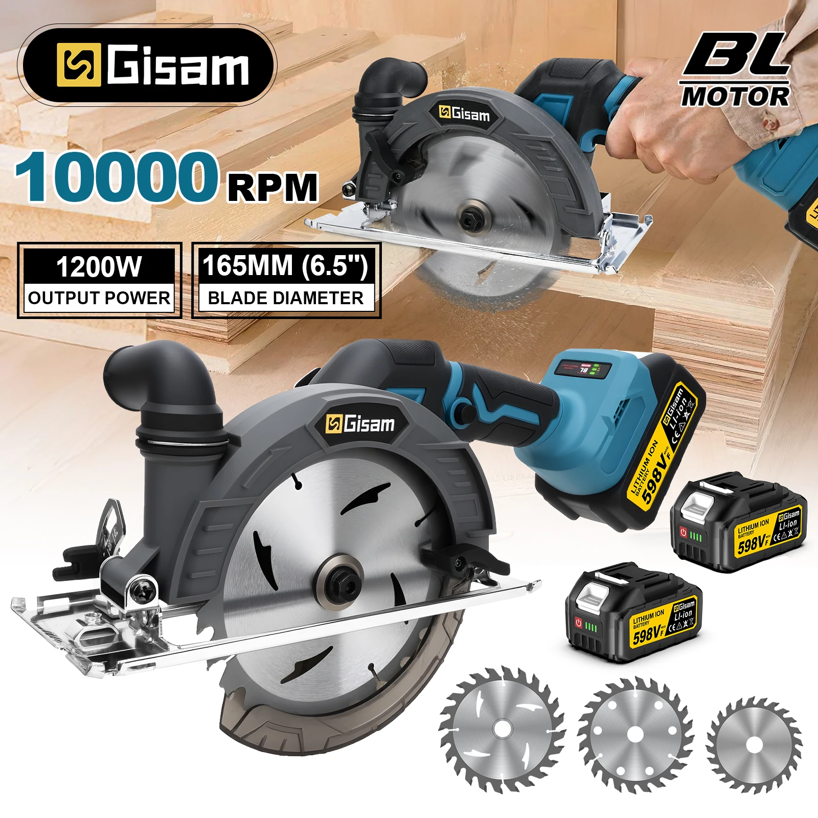 Sierra Circular Eléctrica Inalámbrica Gisam de 165 mm y 10000 RPM, Herramienta Eléctrica para Trabajar la Madera con Ángulo Ajustable, Compatible con Baterías Makita de 18 V