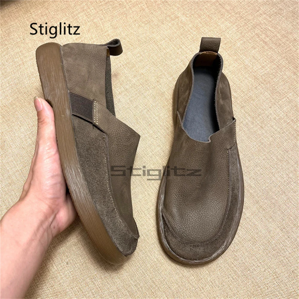 Men's Soft Sole Cowhide Shoes Casual Loafers Round Toe Leather Breathable Slip-On Comfortable Big Head Walking Leather Shoes
