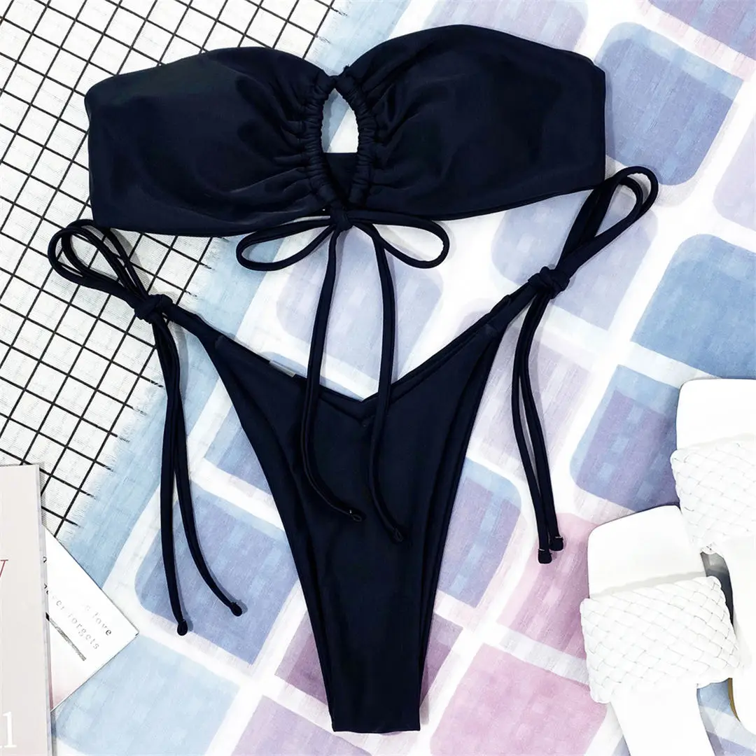 Bandeau-Mikro-Tanga-Bikini, Damen-Badeanzug, zweiteiliges Bikini-Set, trägerloser, hoch geschnittener Badeanzug, Badebekleidung, Modell V3040. – Detail 34