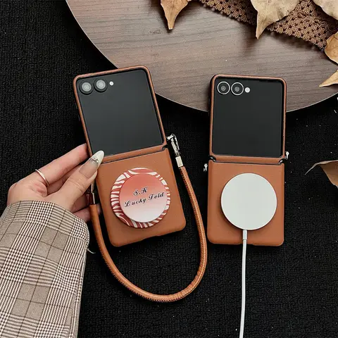 Luxury Magnetic PU Leather Hinge Wrist Strap Phone Case for Samsung Galaxy Z Flip 7 FE 6 5 4 3 Magsafe Wireless Charging Cover