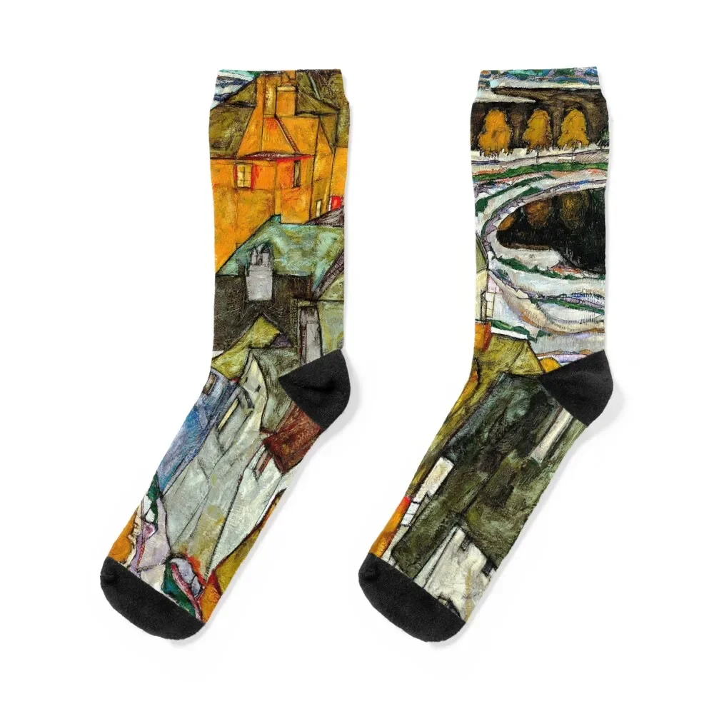 

Crescent of Houses II (Island Town) - Egon Schiele Socks Stockings compression Christmas heated Crossfit Socks Men Women's