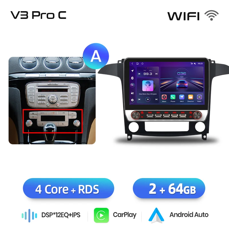 Junsun 13.1″ QLED draadloze CarPlay Android Auto autoradio voor Ford S-MAX 2007-2014, intelligente autosystemen, DSP, SWC, RDS, GPS, FM, BT
