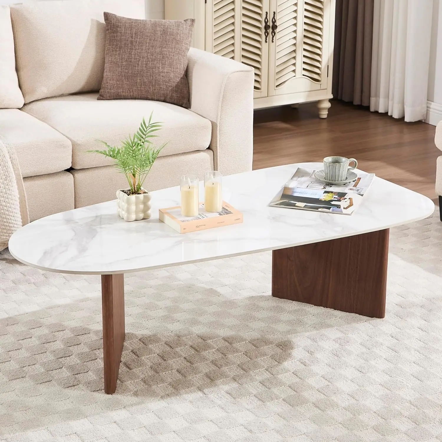 

51" Mid-Century Modern Coffee Table Irregular Rock Top Wood Base Irregular Wood Center Table For Living Room Patio Office, White