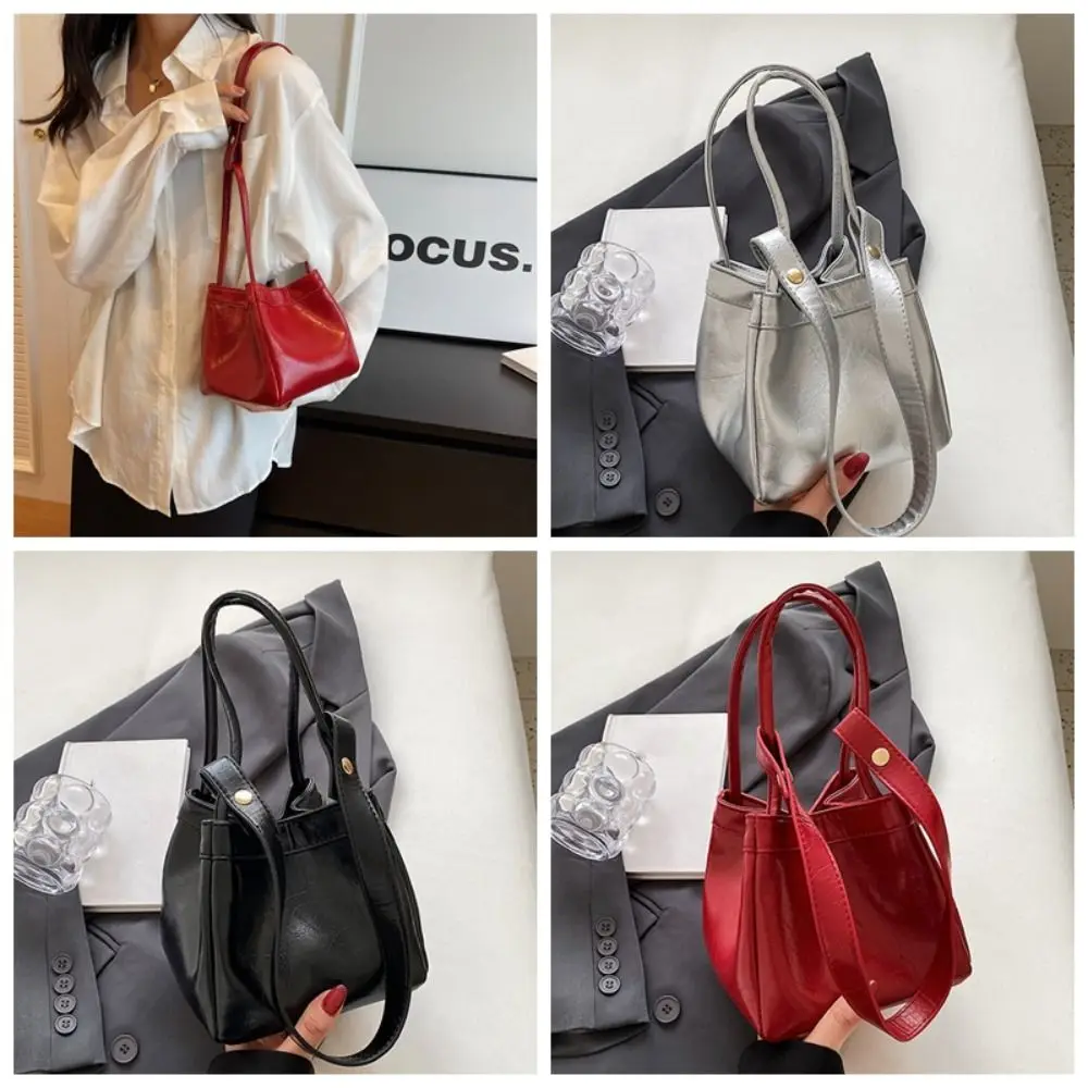 Fashion Large Capacity Silver Crossbody Bag Solid Color Korean Style PU Bucket Bag Fashion Design Handbag Shoulder Bag Outdoor