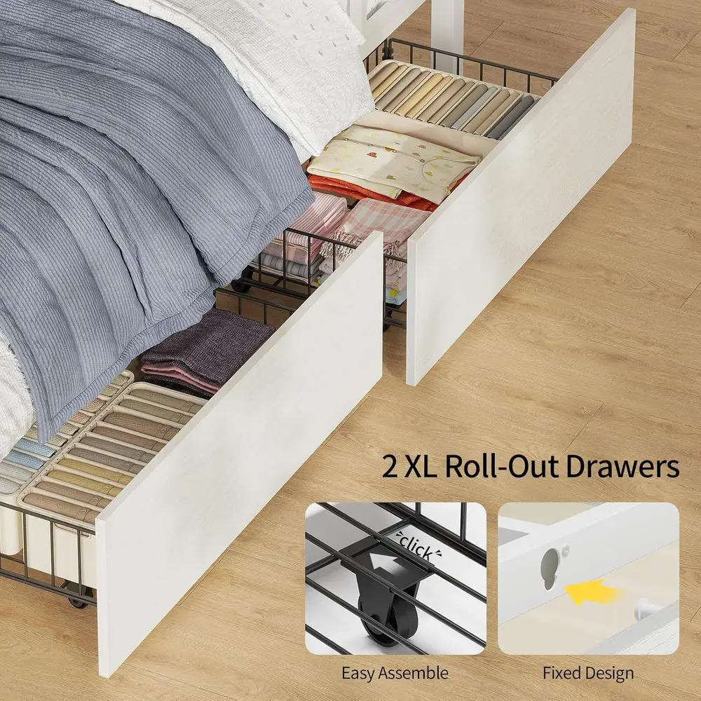Twin Bunk Bed with Desk, RGB Lights, Storage, Safety Rails, Metal Frame, White, No Box Spring