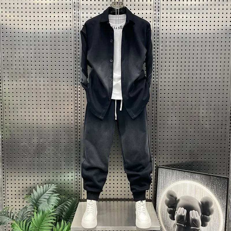 

Spring Autumn Lapel Shirt Jacket Trousers Complete Set of Trendy Brand Men's Gradient Sports Leisure Two-piece Suit