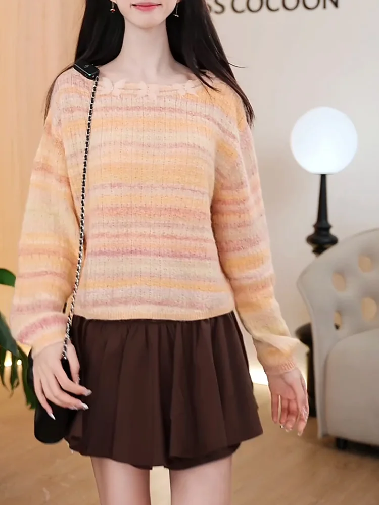 

Faionable Soft Striped Women's Long Sve Knitted Sweater Autumn New Arrival plus Size Comfortable Korean Sle Camere Top