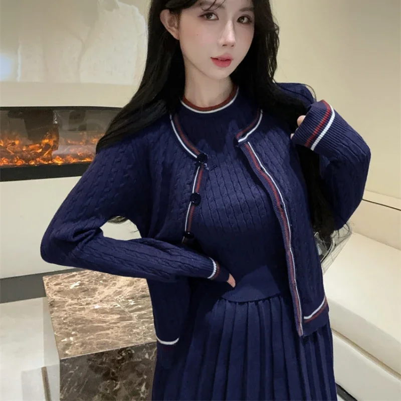 Women's Autumn New Slim Sweater Fashion Knitted Set Cardigan + T-shirt +pleated Skirt Suits Retro Three Piece Matching Outfits