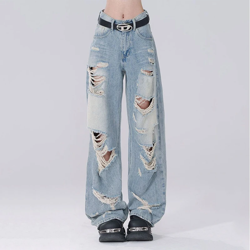 

American Style High Street Summer Jeans Women's Zipper Pockets Distressed Hole Fashion Casual Loose Full Length Wide Leg Pants