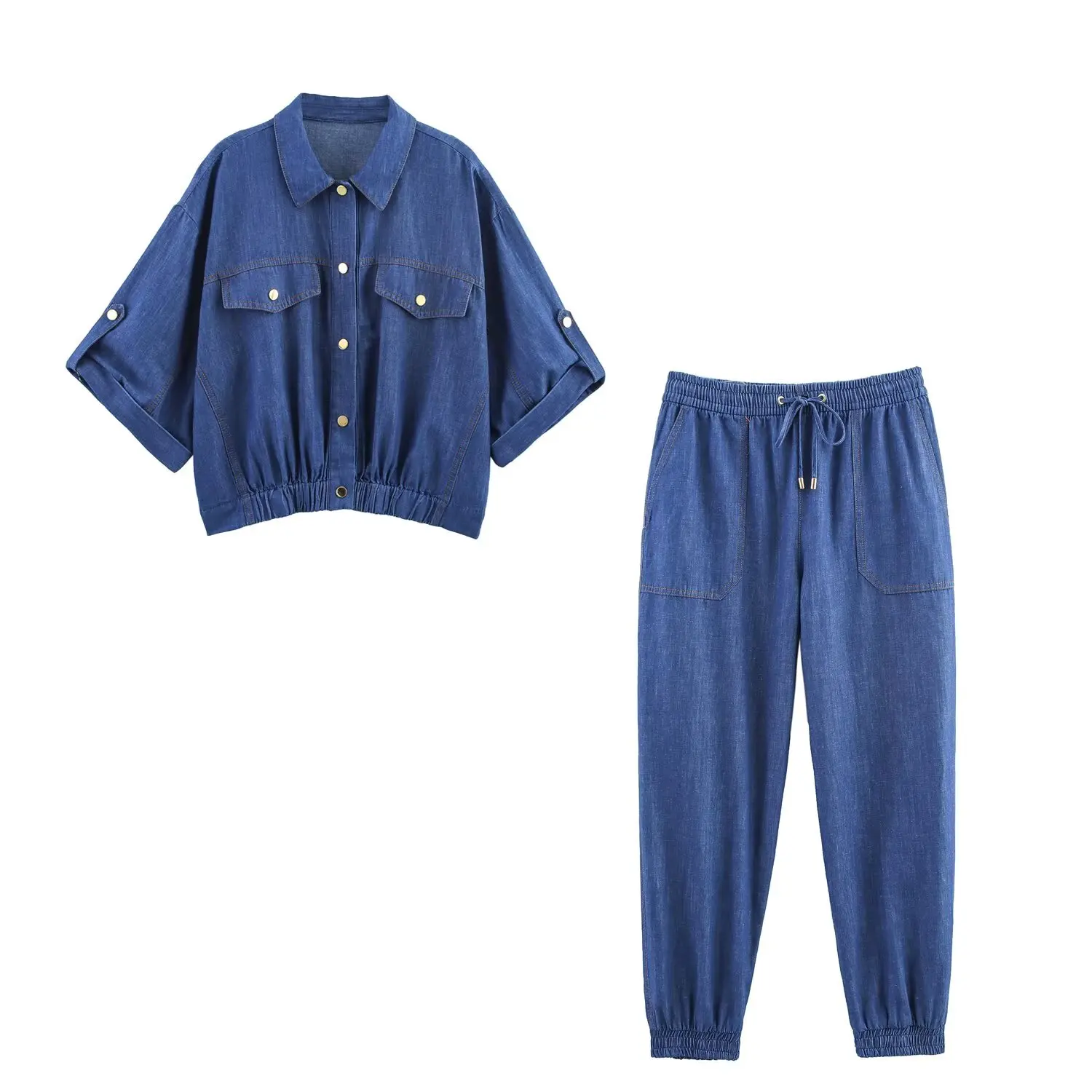 

2025 Summer New Retro Denim Suit Casual Versatile Short-sleeved Workwear Jacket With Elastic Drawstring Trousers 2 Piece Sets