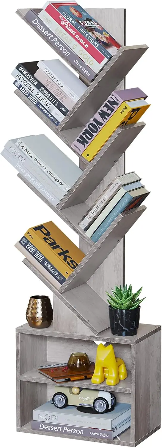 

6-story tree bookshelf, high bookshelf with storage cabinet, modern narrow bookshelf organizer