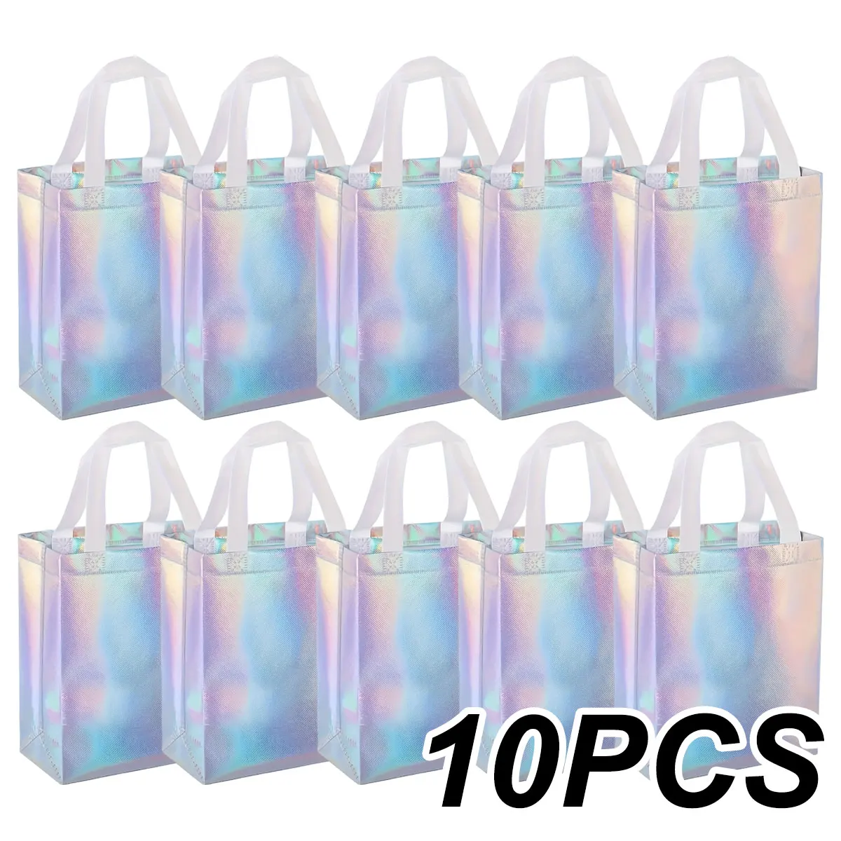 10Pcs Holographic Non Woven Tote Bags, 20×10×25cm Iridescent Reusable Gift Handbags, Metallic Laser Shopping Bags for Party ZSY