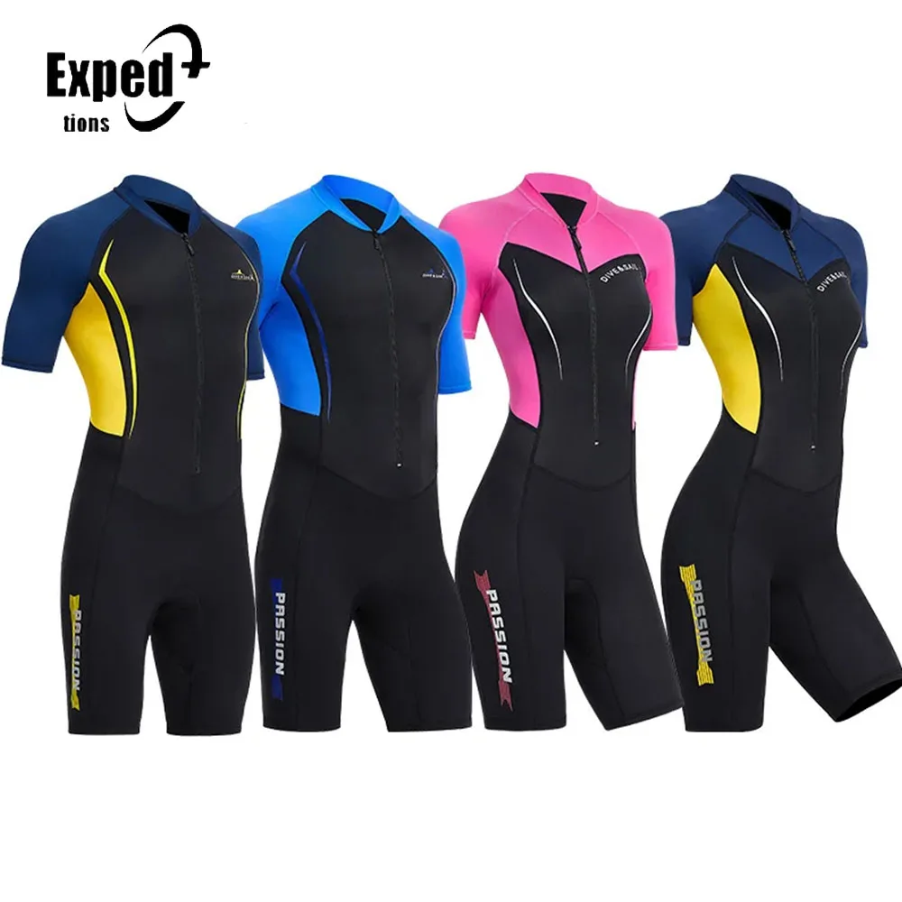 

1.5mm Women Jumpsuit Short Shorty Wetsuits Sleeves Leggs Front Zip 1.5mm Neoprene Adult Diving Suit Swimsuit Men